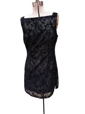 Vintage 90s Y2K Dress Size 7 Black Chiffon Burnout Khaki Green "La Belle Fashion